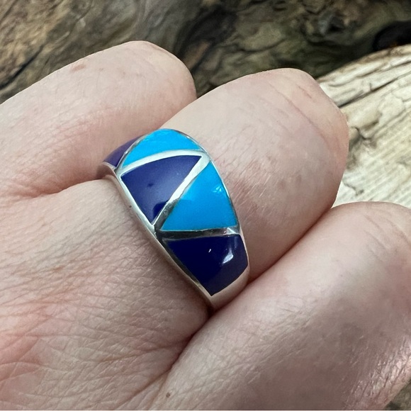 Thailand NF 925 Silver Ring Blue Turquoise Lapis Lazuli Inlay Zuni Navajo Style - Picture 4 of 9